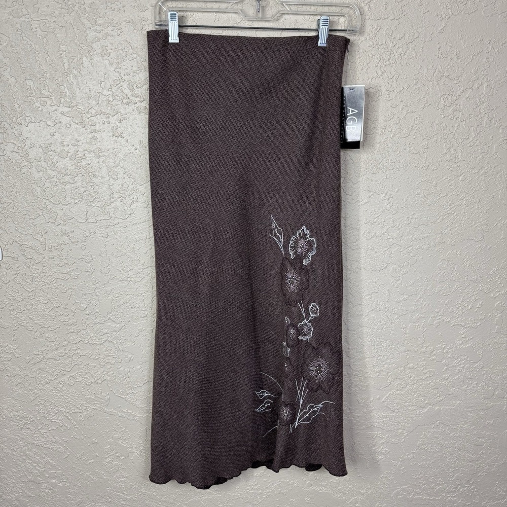 Vtg Y2K AGB Womens Brown Floral Embroidered Midi Skirt Sz 8 Academia Monica NWT